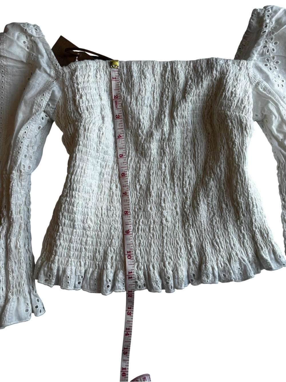 Smocked Square-Neck Eyelet Puff Sleeve Blouse — White - Picture 7 of 11